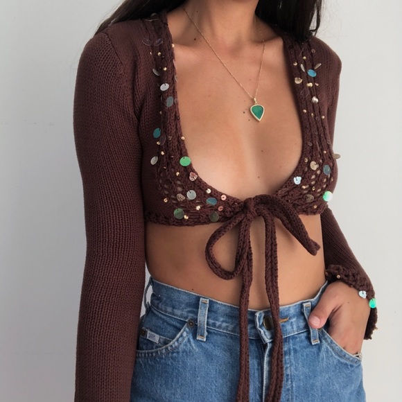 edge Tops - NWT Edge brown front tie knit cropped top S